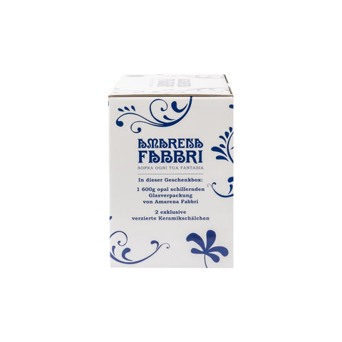 COUVETTE AMARENA FABBRI 600G CON 2 COPPETTE IN CERAMICA DECORATA