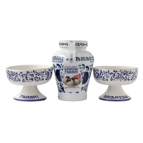COUVETTE AMARENA FABBRI 600G CON 2 COPPETTE IN CERAMICA DECORATA