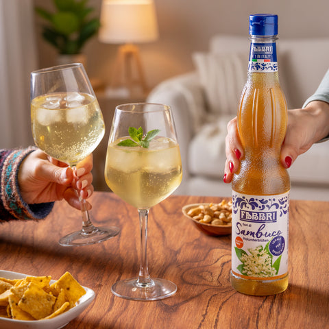 Immagine verticale che raffigura un aperitivo invernale a casa tra due amiche con Sciroppo Fabbri ai fiori di Sambuco. Nocciole e patatine sullo sfondo.