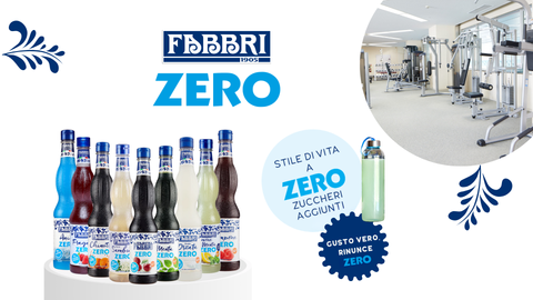 Grafica Sciroppi Zero Fabbri con rimando ad utilizzo in palestra