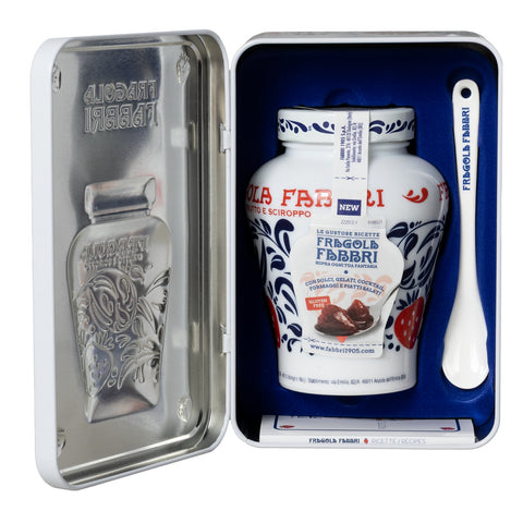 Latta Fragola Fabbri con cucchiaino e ricettario