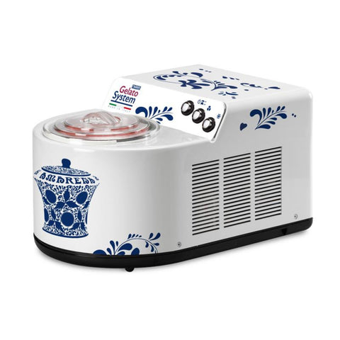 Nemox Gelatissimo bianca con decorazione faentini Fabbri bianchi e blu.